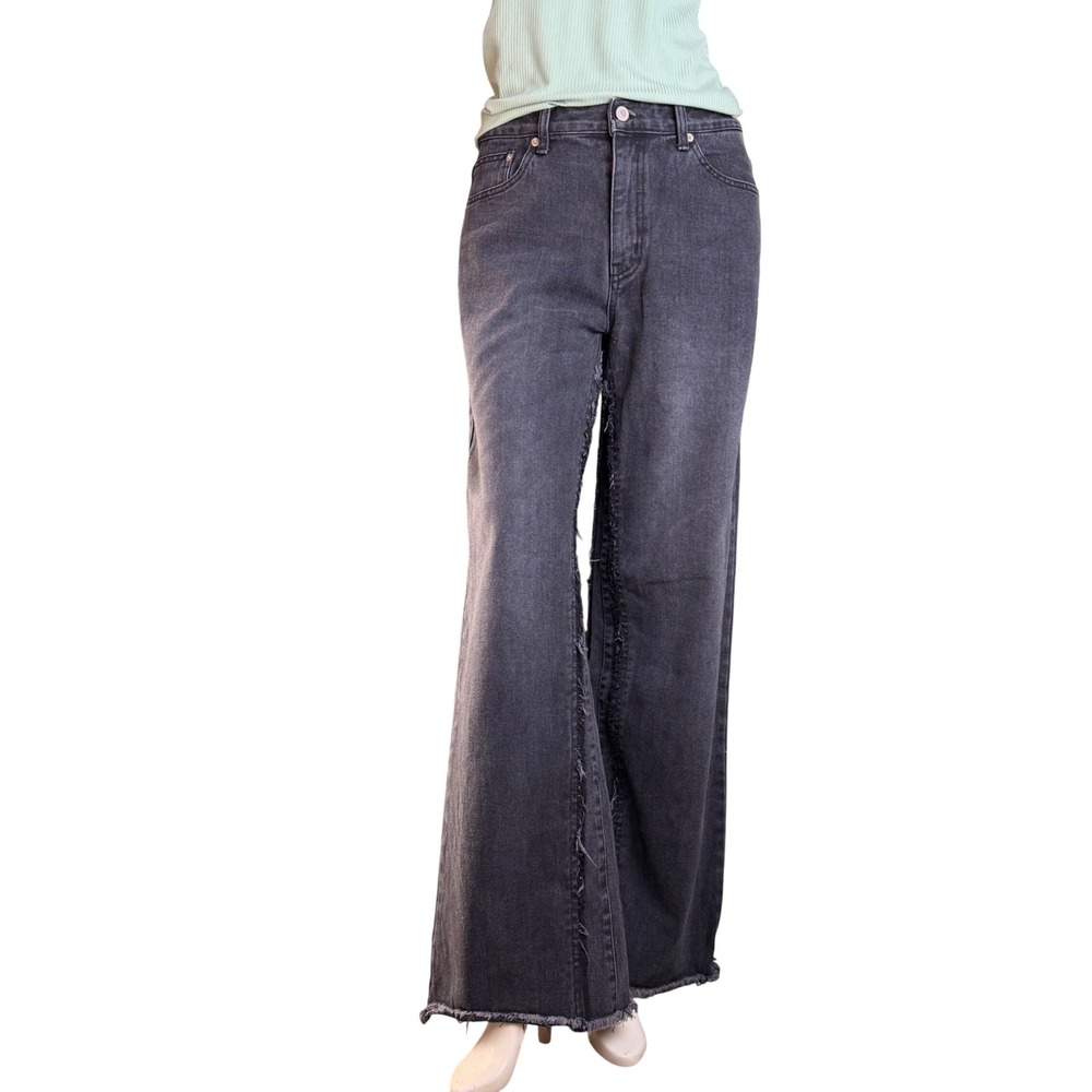 Lowburn Wide Leg Jeans Raw Edge Seam Washed Black Grunge Streetwear S